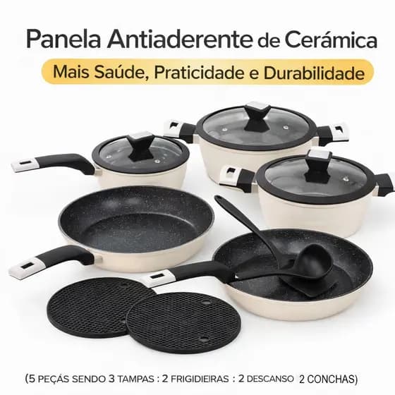 Kit Jogo Panelas Cerâmica Antiaderente Polida 5 Peças 2 Frigideiras 3 Panelas mais Utensílios Top