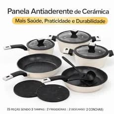 Kit Jogo Panelas Cerâmica Antiaderente Polida 5 Peças 2 Frigideiras 3 Panelas mais Utensílios Top