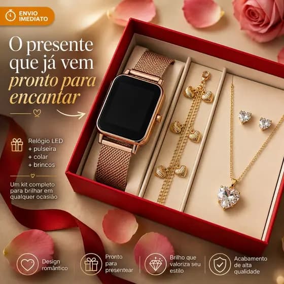 Relógio Feminino Digital de Led + Colar Brincos Folheado Ouro + Pulseira Feminina com Caixa - Presente dia dos namorados