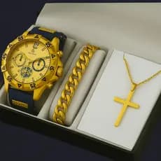 Kit Relogio Masculino Banhado Original + Colar com Cruz + Pulseira Premium