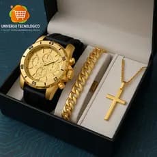 Kit Relogio Masculino + Corrente Cruz Banhado a Ouro + Pulseira Luxo