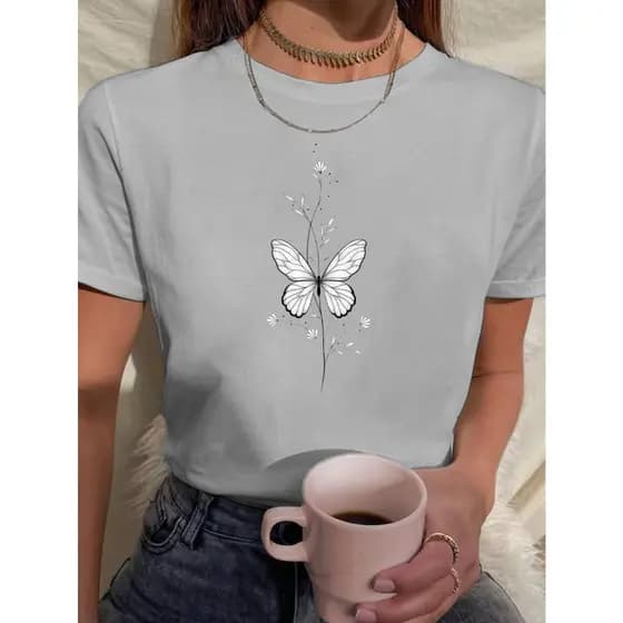 Camiseta Feminina Babylook Tshirt Borboleta Branca Galhos Minimalista 100% Algodão