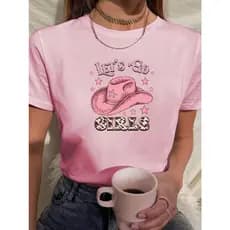 Camiseta Feminina Babylook Tshirt Chapeu Boiadeira Rosa Lets Go Girls 100% Algodão