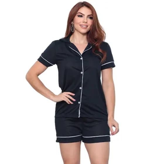 Pijama Americano Com Botão Baby Doll Liso Confortável Verão Roupa De Dormir