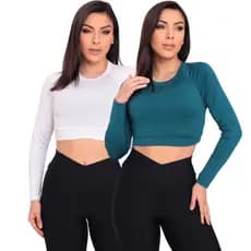 Kit 2 Peças Blusa Cropped Feminino Fitness Manga Longa Academia Leve Confortável Com Proteção Uv