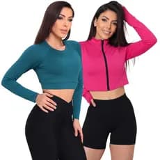 Kit 2 Cropped Academia Blusa Manga Longa Feminino Com Zíper e Sem Zíper Proteção Termica UV 50+