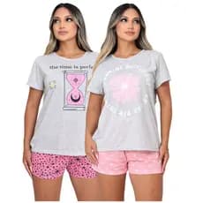 Kit 2 Pijama Curto shorts camiseta Feminino Básico Estampado Leve Verão Primavera Elegante