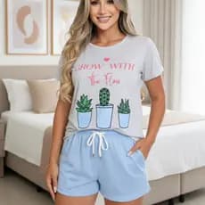Pijama Feminino Conjunto Short Verão Calor Leve Confortável Básico Baby doll Roupa de Dormir