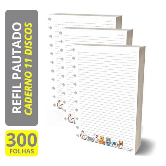 Refil Caderno Inteligente 90g G 11 Furos Gatinhos 300 Folhas