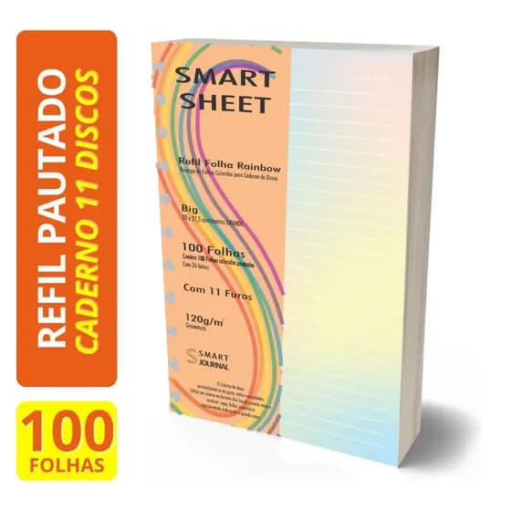Refil Caderno Discos 120g Rainbow Colorido 100 Folhas 11 Furos 20x27,5cm
