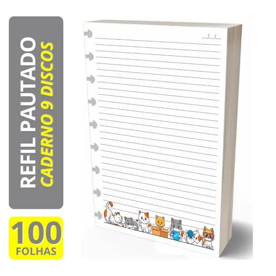 Refil Caderno de Disco 90g Medio 9 Furos Gatinhos 100 Folhas