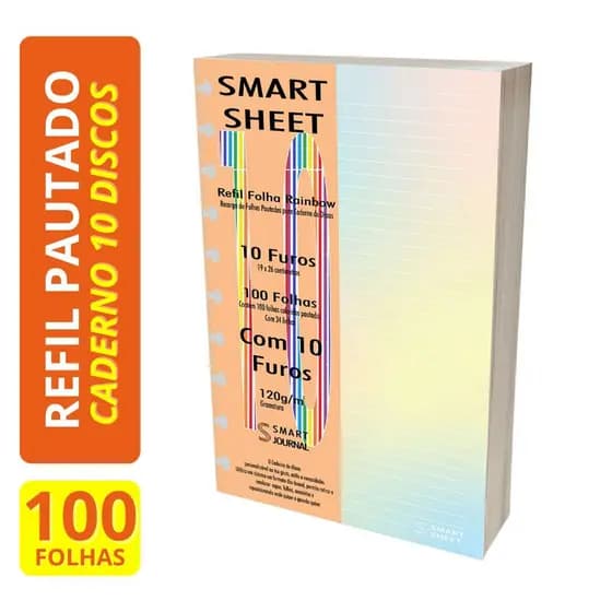 Refil Caderno Discos 120g Rainbow Colorido 100 Folhas 10 Furos 19x26cm