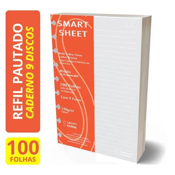 Refil Caderno Discos 120g Pauta Branca 100 Folhas 9 Furos 17,2x23,1cm