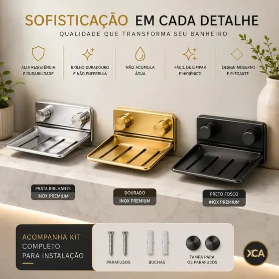 Saboneteira Inox Premium Banheiro Moderna com Fixação por Parafuso Dourada Preta Prata Brilhante