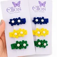 Kit Mini Presilhas Infantil Flor Brasil Verde Amarelo Azul | Bico de Pato 3,5cm Bebê Menina