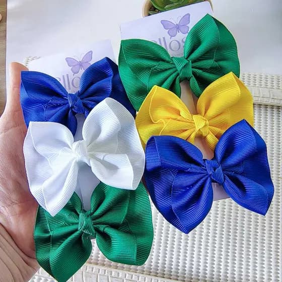 Kit Laços Infantil Copa Brasil 8cm Verde Azul Branco Amarelo | Laço para Menina
