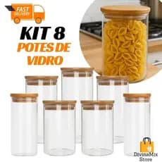 Kit 8 Potes de Vidro com Tampa de Bambu – Armazenar Temperos e Mantimentos na Cozinha com Estilo e Praticidade