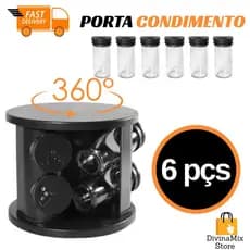 Porta Temperos 6 Potes de Vidro com Base Preta Giratória – Organização e Praticidade para sua Cozinha