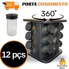 Porta Temperos 12 Potes de vidro com base  Giratório Cozinha Organizada Ideal para Uso Doméstico e Profissional