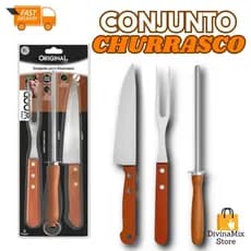 Conjunto Churrasco Cabo de Madeira Kit Utensílios Para Assar Carne Ideal Adultos Uso em Churrasqueira e Casa