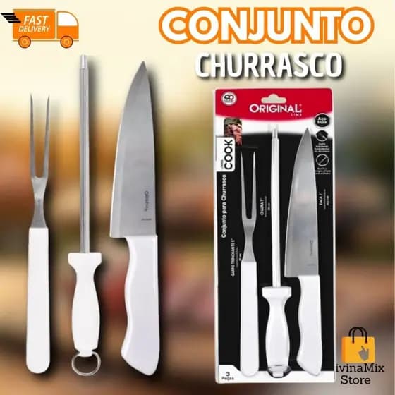 Conjunto Churrasco Cabo Branco – Utensílios para Assar Carnes – Uso Doméstico Profissional – Ideal Área Gourmet