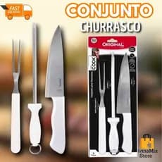 Conjunto Churrasco Cabo Branco – Utensílios para Assar Carnes – Uso Doméstico Profissional – Ideal Área Gourmet
