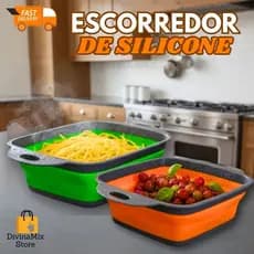 Escorredor de Silicone Dobrável Laranja e Verde para Lavar e Escorrer Alimentos – Ideal para Cozinha, Frutas, Verduras e