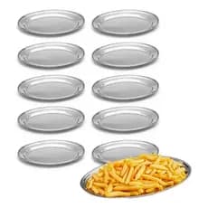 Kit 10 bandejas Travessas Aço Inox 21, 25, 29 cm Oval Rasa Para Bar e Restaurante Servir Porções
