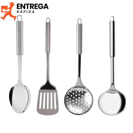 Kit 4 Peças Utensílios para Cozinha em Aço Inox Jogo Completo Escumadeira Concha Espátula Colher