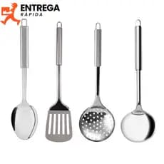Kit 4 Peças Utensílios para Cozinha em Aço Inox Jogo Completo Escumadeira Concha Espátula Colher