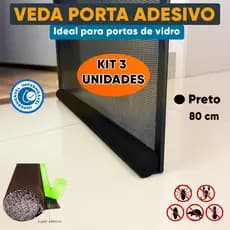 Kit 3 Veda Porta Adesivo 80cm Preto Contra Insetos Poeira e Ruído