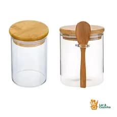 Kit 2 Potes de Vidro Herméticos com Tampa de Bambu Pote de 250 ml Pote de 400 ml com colher