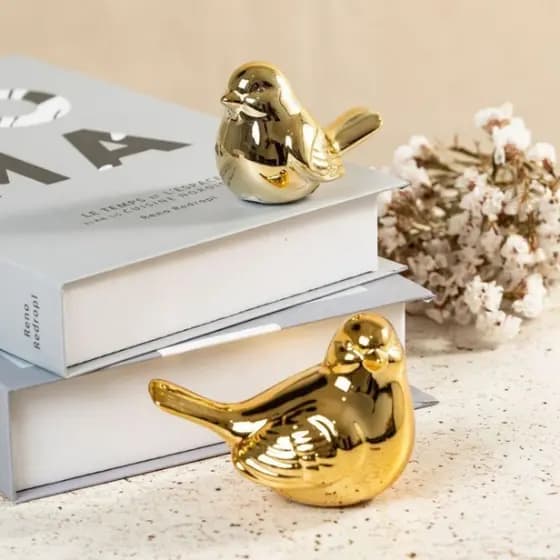 Casal De Passarinhos Decorativo Mesa Cores Metálicas Dourado Rose Gold Prata Enfeite para Natal