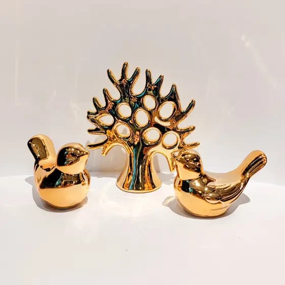 Kit Arvore da Vida com Pássaros em Cerâmica Enfeite Decorativo Luxo para Sala Mesa e Aparador Natal