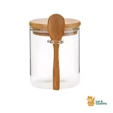 Pote de Vidro Hermético com Tampa de Bambu e Colher – 400ml, Redondo - ENVIO IMEDIATO