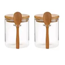 Kit 2 Potes de Vidro Herméticos com Tampa de Bambu e Colher – 400ml, Redondo - ENVIO IMEDIATO
