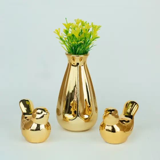 Kit Vaso Decorativo com Passaros em Cerâmica – Dourado Rose Gold Prata Luxo Home Decor Sala