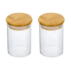 Kit 2 Potes de Vidro Hermético 250 ml com Tampa de Bambu – Vedação Silicone – Borossilicato