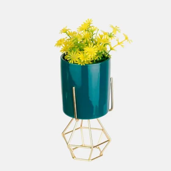 Vaso Decorativo Azul Petróleo com Suporte Dourado Geométrico Decoração Moderna Escritório Natal