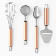 Kit Fouet/Fué Colher Sorvete Peneira e Cortador de queijo Inox Rose Gold – Elegância na Cozinha