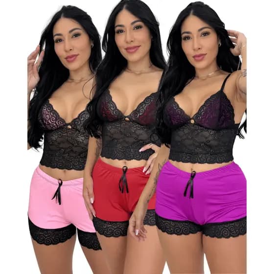 Baby Doll Detalhes Em Renda Malha Fria Short Doll Linha Noite Pijama Curto