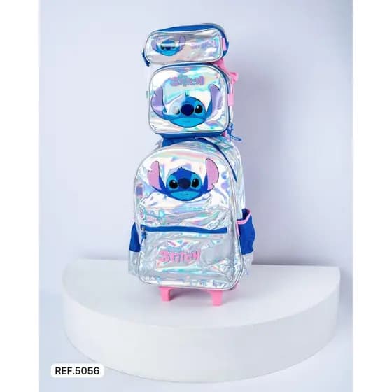 KIT MOCHILA CARRINHO LANCHEIRA ESTOJO ORIGINAL ESCOLAR VIAGEM HOLOGRÁFICO STITCH