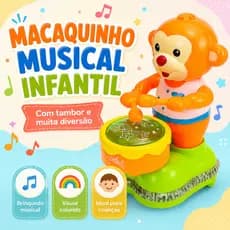 Macaquinho Musical Infantil com Tambor Luzes e Som Brinquedo Interativo para Crianças