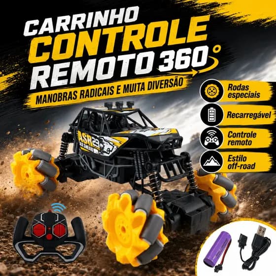 Carrinho Controle Remoto 360 Off Road Recarregável com Rodas Especiais Bateria e Cabo USB