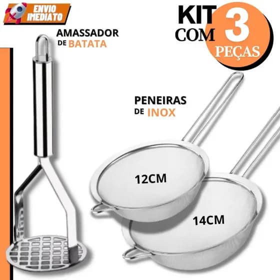 Peneira Aço INOX Amassador Batata 3 Peças para Cozinha Casa Restaurante Alta Qualidade