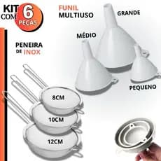 Peneira Coador INOX Funil Plástico Kit 6 Unid Oficina Artesanato Cozinha Funil Grande Médio Pequeno