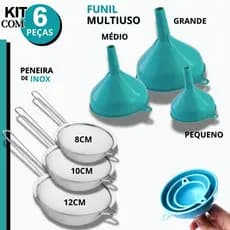 Peneira Inox Funil Plástico Kit 6 Unid Oficina Artesanato Cozinha Funil Grande Médio Pequeno