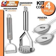 Kit Descascador Legumes Amassador Batata + Peneiras 4 Peças INOX para Cozinha Casa Restaurante