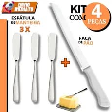 Faca Pão + 3 Espátulas Manteiga 4 Unid Inox -  Corta Pão Frios Lanches Manteiga Geleia Comida Casa