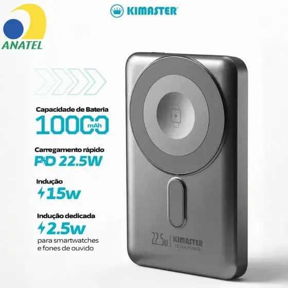Carregador Portátil Power Bank Kimaster 10000mah Carregamento Sem Fio Indução Magnética Com Suporte